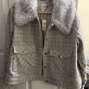 Anthropologie Maeve Gray Plaid jacket with Faux Fur Collar